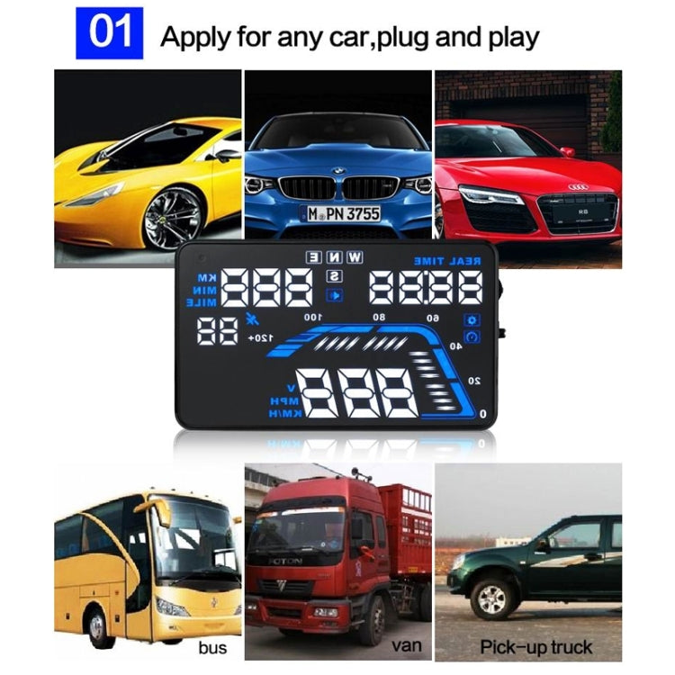 Car HUD head-up display shown with plug-and-play use on cars, bus, van, and truck