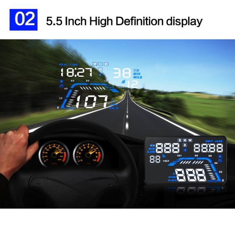 Car windshield HUD head-up display overlay with blue digital speed and time readouts