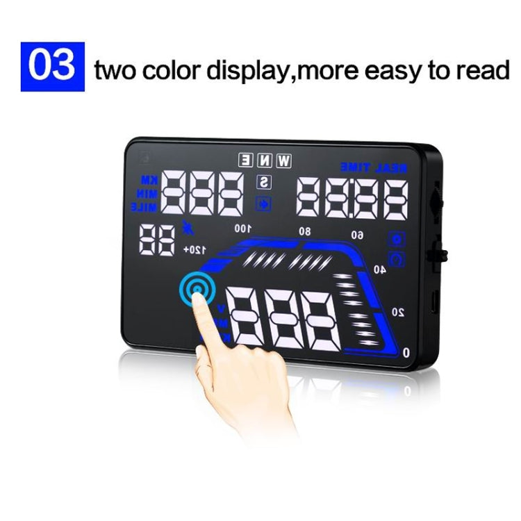 Car HUD head-up display with blue digital readouts and fingertip touch control