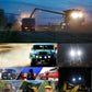 LED work light shining on a vehicle at night, bright beam visible.
