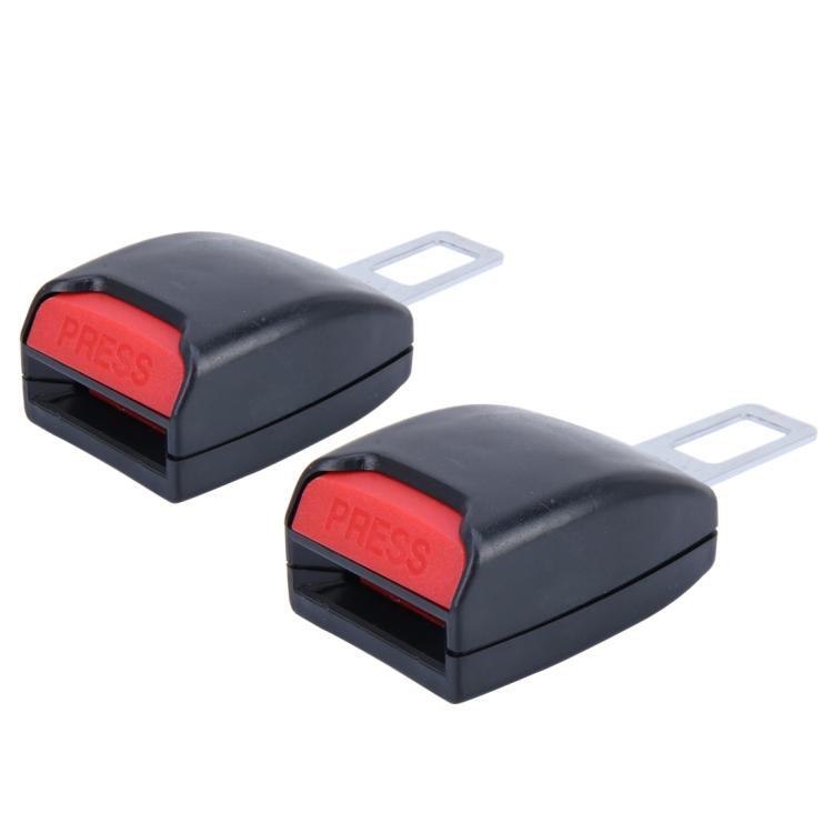Set of black seat belt extension buckles with red PRESS release pads and two metal clips