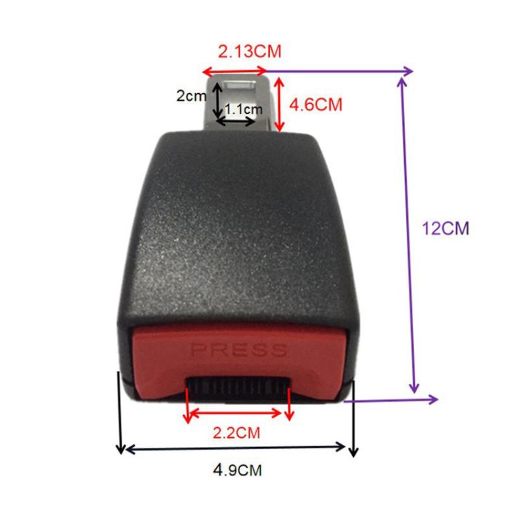 Seat belt extension buckle size chart with 12cm length and red button panel