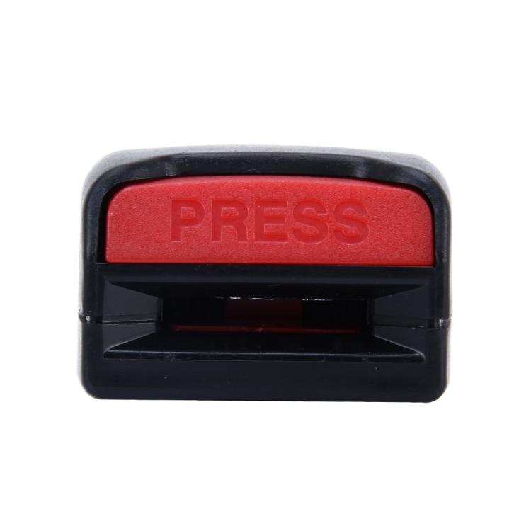 Black seat belt extension buckle with red PRESS release button and latch cover