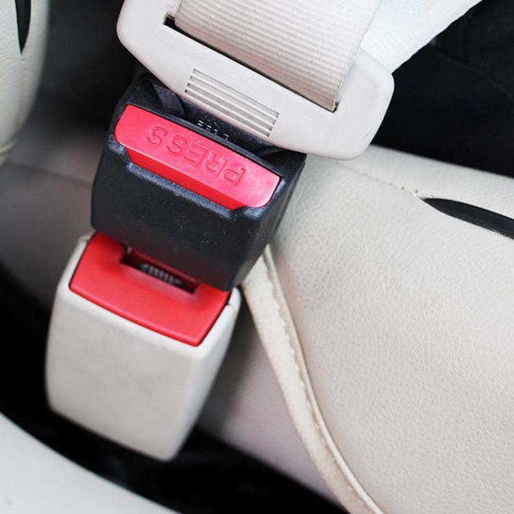 Car seat belt extension buckles, black housing with red PRESS button and metal latch