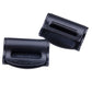 Two black car seat belt adjuster clamps with oval cutout windows