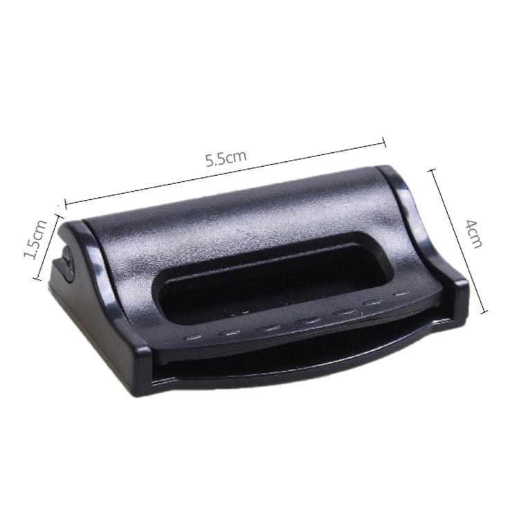 Black car seat belt adjuster clamp with measurements shown