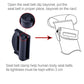 Black car seat belt adjuster clip shown with installation diagram and arrow