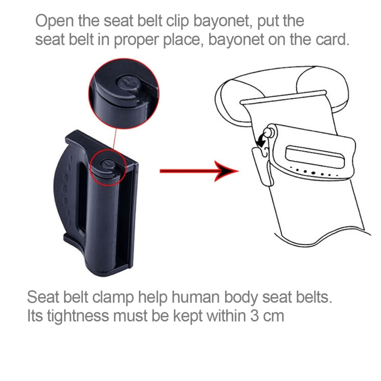 Black car seat belt adjuster clip shown with installation diagram and arrow