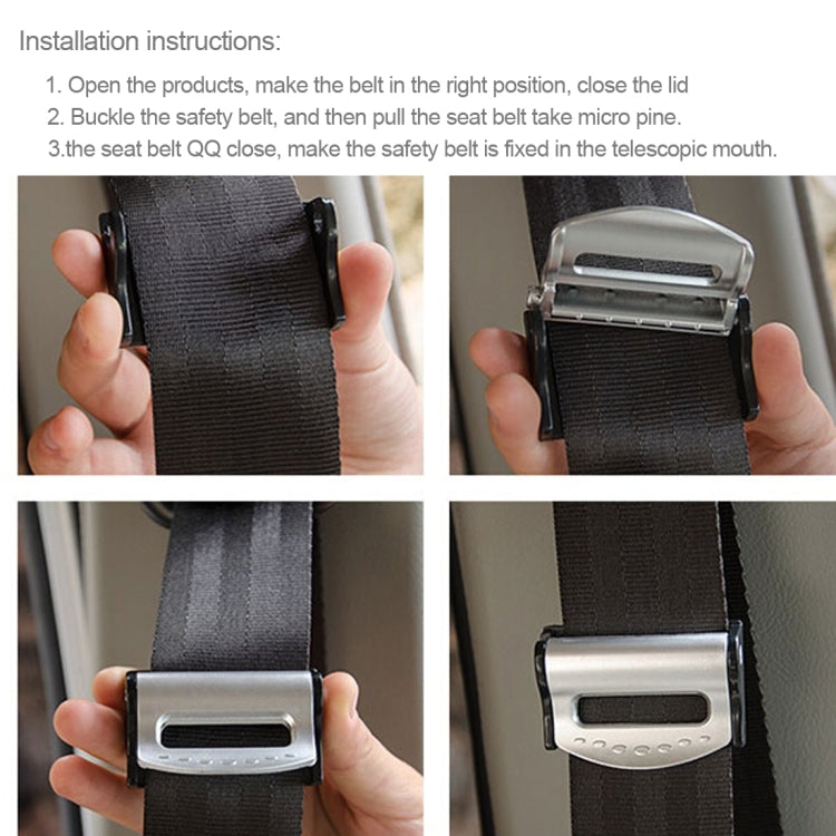 Black car seat belt adjuster clamp held by hands, shown with belt attachment
