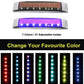 Solar LED anti-collision decorative light bar with purple glowing LEDs, front view in chrome case