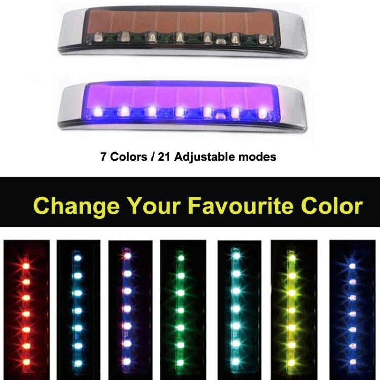 Solar LED anti-collision decorative light bar with purple glowing LEDs, front view in chrome case