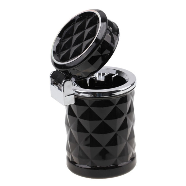 Black diamond-pattern car ashtray with open lid and silver inner ash holder
