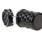 Black diamond-pattern car ashtray with hinged lid and round base, shown in profile