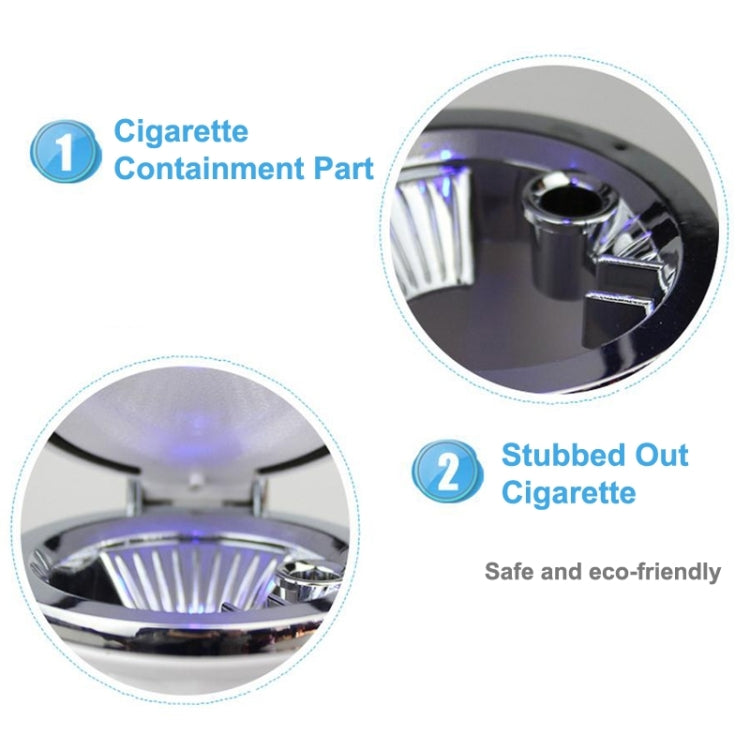 Close-up of open black diamond-pattern car ashtray with glowing blue LED ash holder
