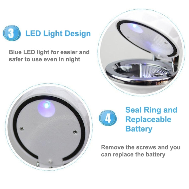 Open black diamond-pattern car ashtray with glowing blue LED light and removable battery base