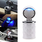 Diamond-faceted car ashtray with LED light, white cylinder and blue glowing top