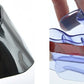Flexible rain deflector with transparent shield, shown before and during fitting