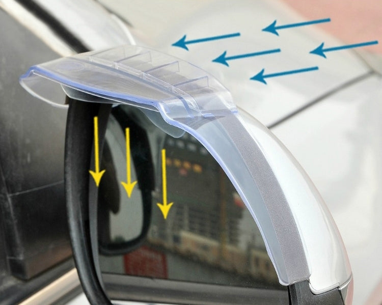 Transparent rain deflector on mirror showing airflow arrows for rain protection