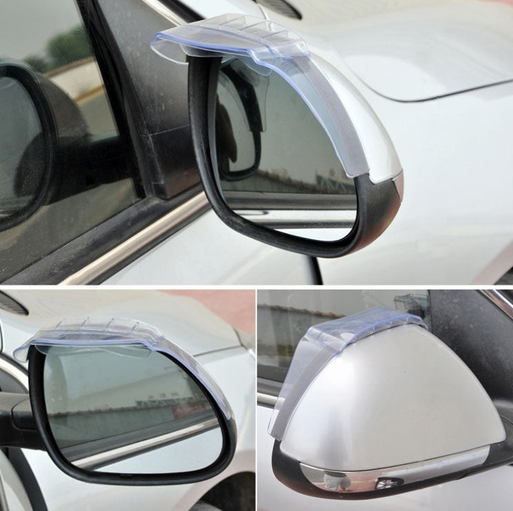 2-piece transparent rearview mirror rain shields fitted on car mirrors, angled view