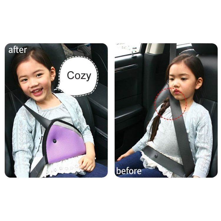 Car seat belt adjuster pad with grey mesh and purple side panel, rounded