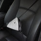 Grey mesh car seat belt adjuster pad with black trim and attached strap