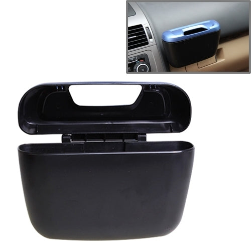 Car mini storage bin with blue lid and black body, mounted near dashboard console