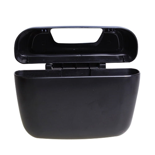 Black mini car storage bin with open lid and hinged top