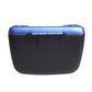 Black and blue mini car storage bin with hinged lid and latch detail