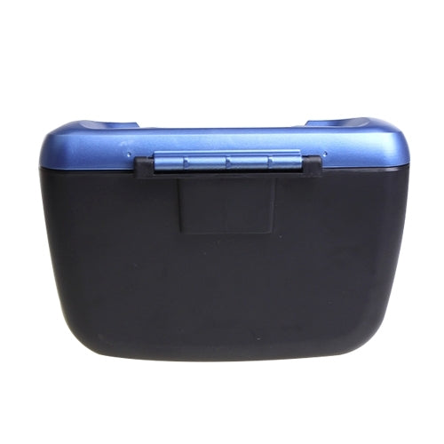 Black and blue mini car storage bin with hinged lid and latch detail