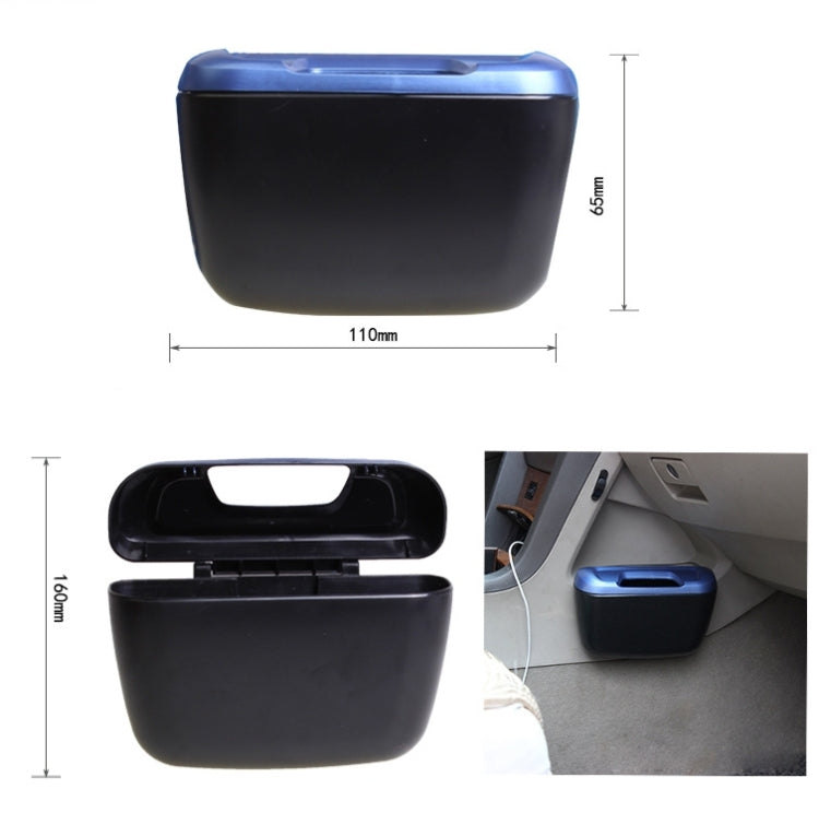Mini car storage bin with size diagram: black body, blue lid strip