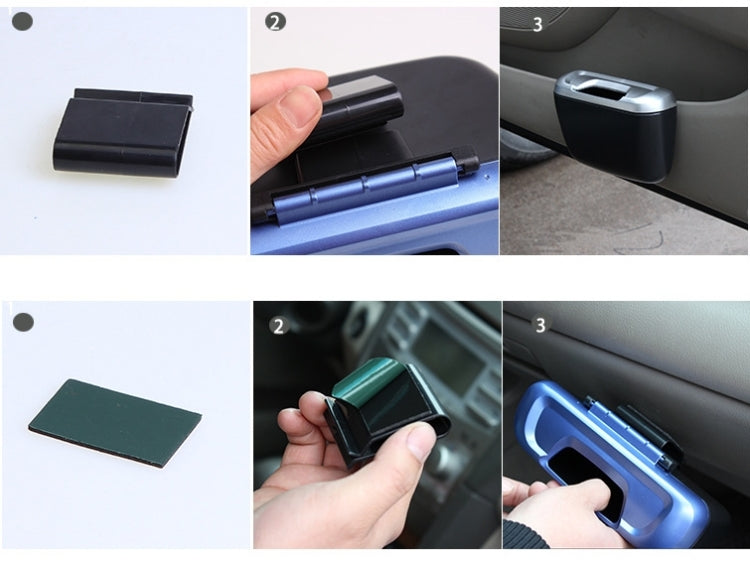 Mini car storage bin shown with hand holding and panel-mounted placement