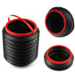 Folding black car container with red rim and handle, round top opening