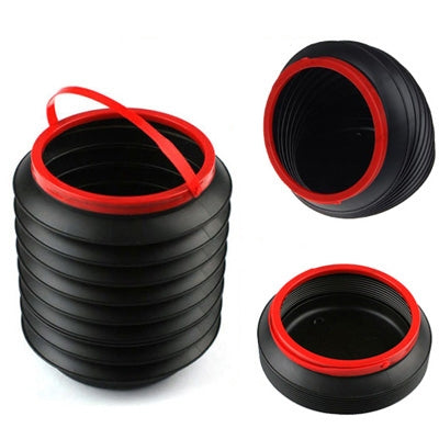 Folding black car container with red rim and handle, round top opening