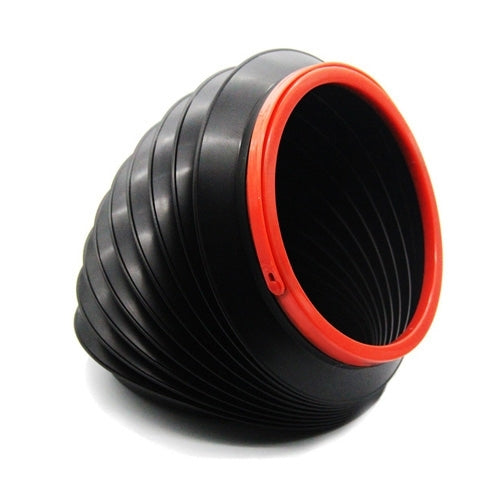 Compact folded black container with red-edged round opening and pleated sides