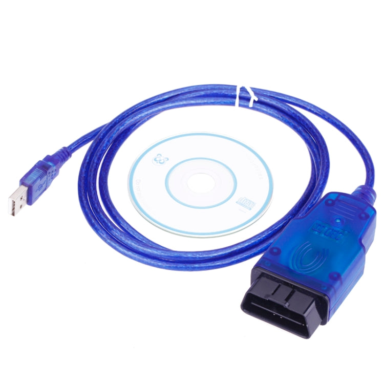 Blue OBDII diagnostic cable with USB plug and OBDII connector housing