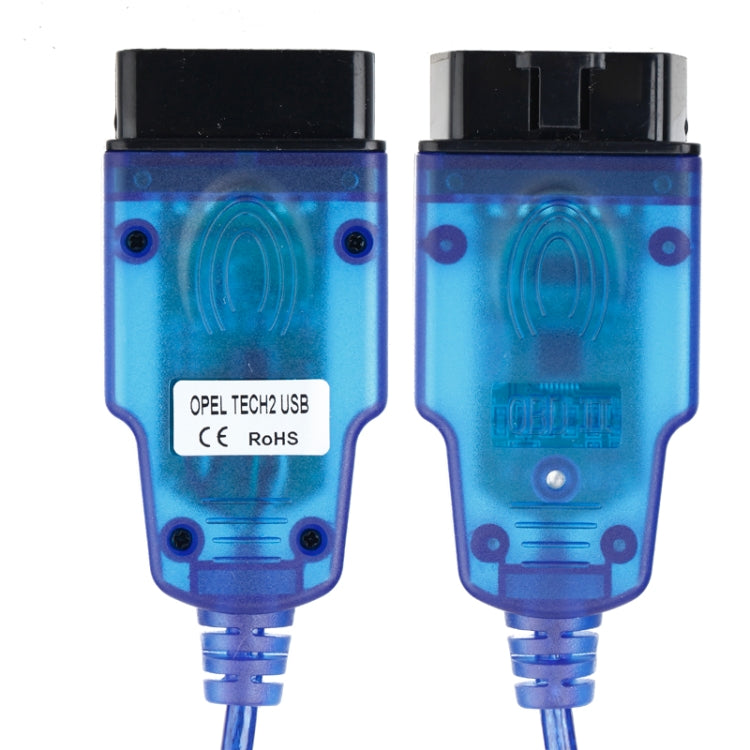 Pair of blue OBDII USB adapters with connector housings and labels
