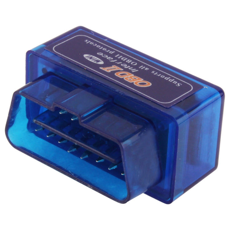 Blue mini OBD-II wireless code reader scanner, connector end view