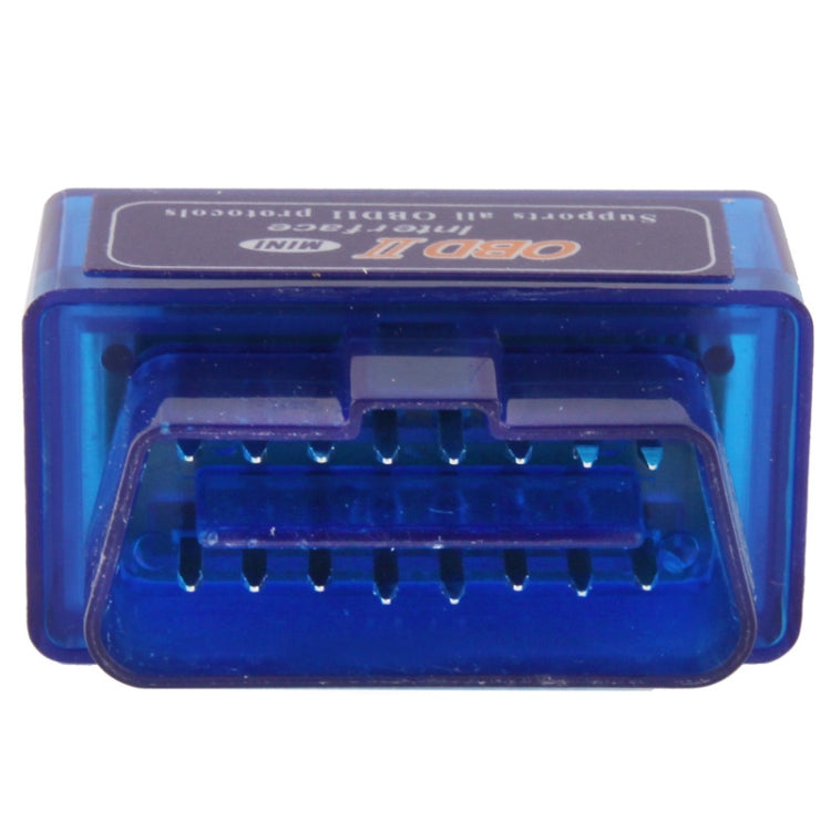 Blue mini OBD-II code reader scanner showing OBD port pins