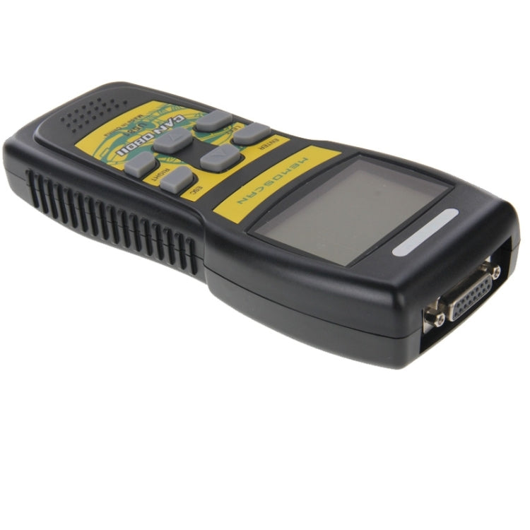 Angled view of black handheld OBD2 CAN code reader with LCD and controls