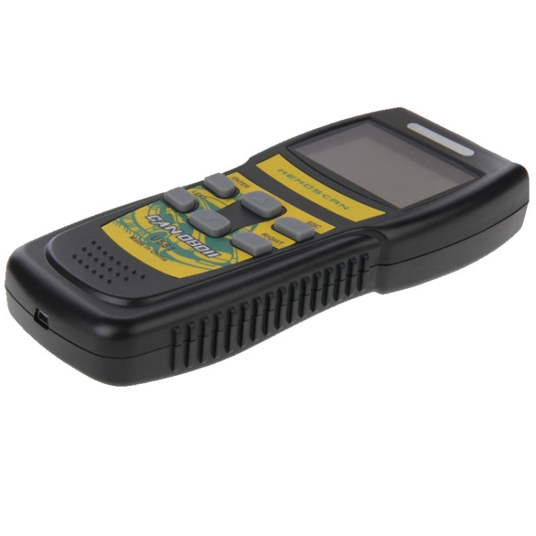 OBD2 CAN code reader showing top keypad and LCD screen on black housing