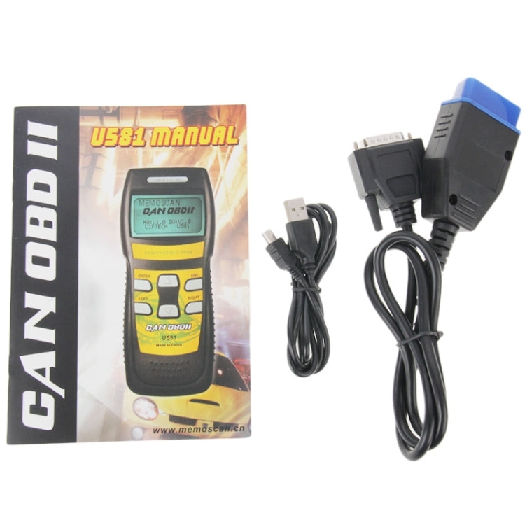 OBD2 CAN code scanner kit with handheld device, cables, and blue OBD connector