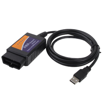 ELM327 OBD-II USB diagnostic interface with OBD connector and USB cable