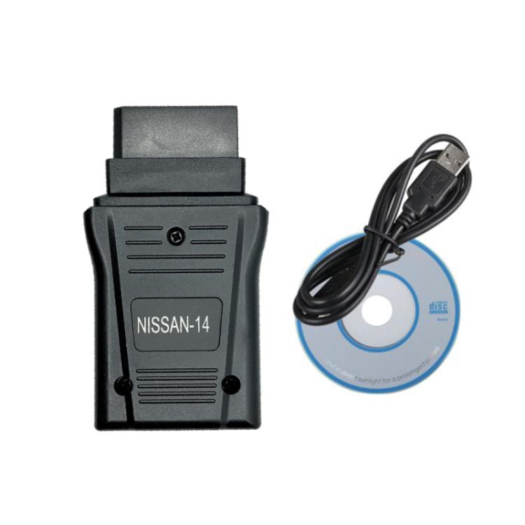 OBDII Nissan-14 adapter with cable and blue software CD, black case