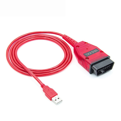 Red USB diagnostic cable with OBD-style connector and USB-A plug.