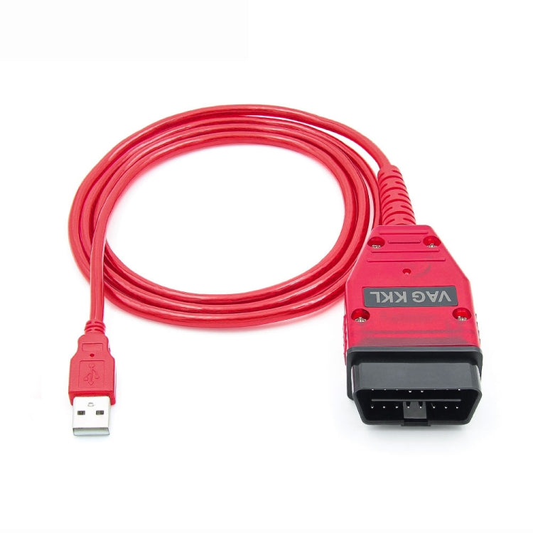 Red USB diagnostic cable with OBD connector and USB-A plug, front view.