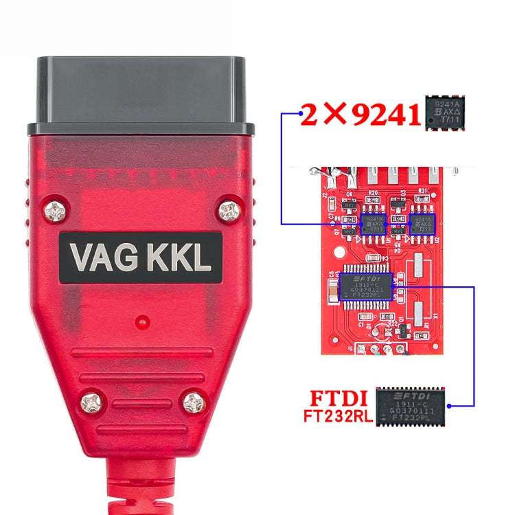 Red VAG KKL USB interface adapter with OBD connector, front view.