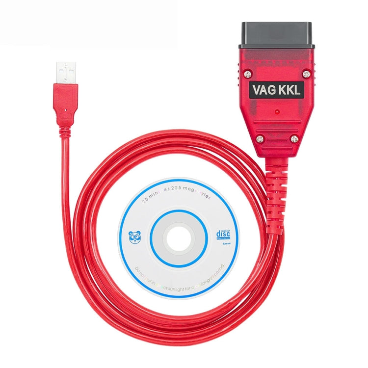 Red VAG KKL USB interface adapter with coiled cable and installation CD.