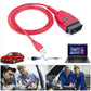 Red USB diagnostic cable kit with OBD connector, USB-A plug, and CD.