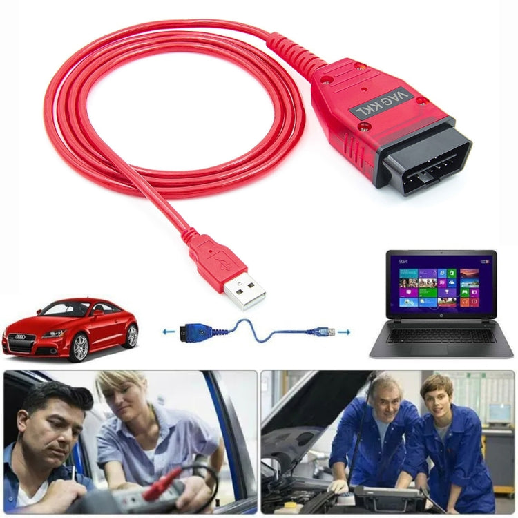 Red USB diagnostic cable kit with OBD connector, USB-A plug, and CD.
