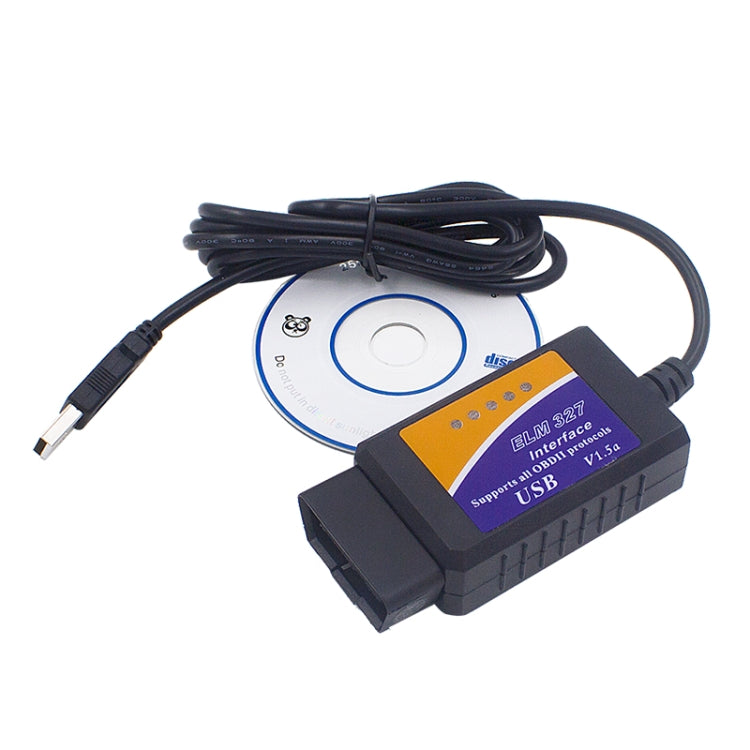 OBDII USB diagnostic scanner interface with USB cable and CD, black and orange label